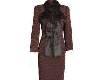 John Galliano Rex Rabbit Trim Jacket and Skirt Suit 2pc Set Silk and Wool Knit Sz 6 Y2K 2000s