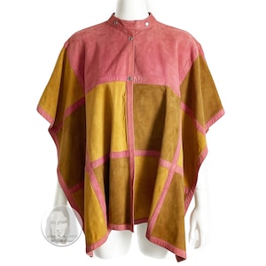Bonnie Cashin for Sills Poncho Cape Pink Suede Multicolor Patchwork Vintage 1970s Rare S/M afbeelding 1