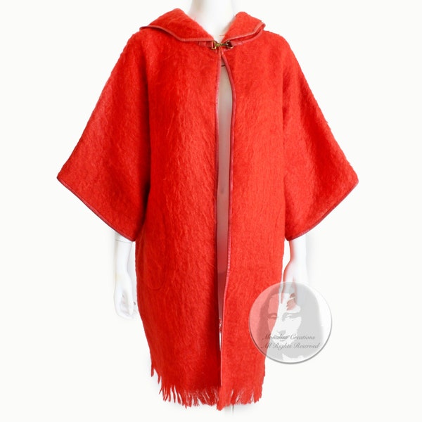 Bonnie Cashin for Sills Coat Kimono Sleeve Coral Red Mohair Wool Hooded Leather Trim 1960s Rare Vintage