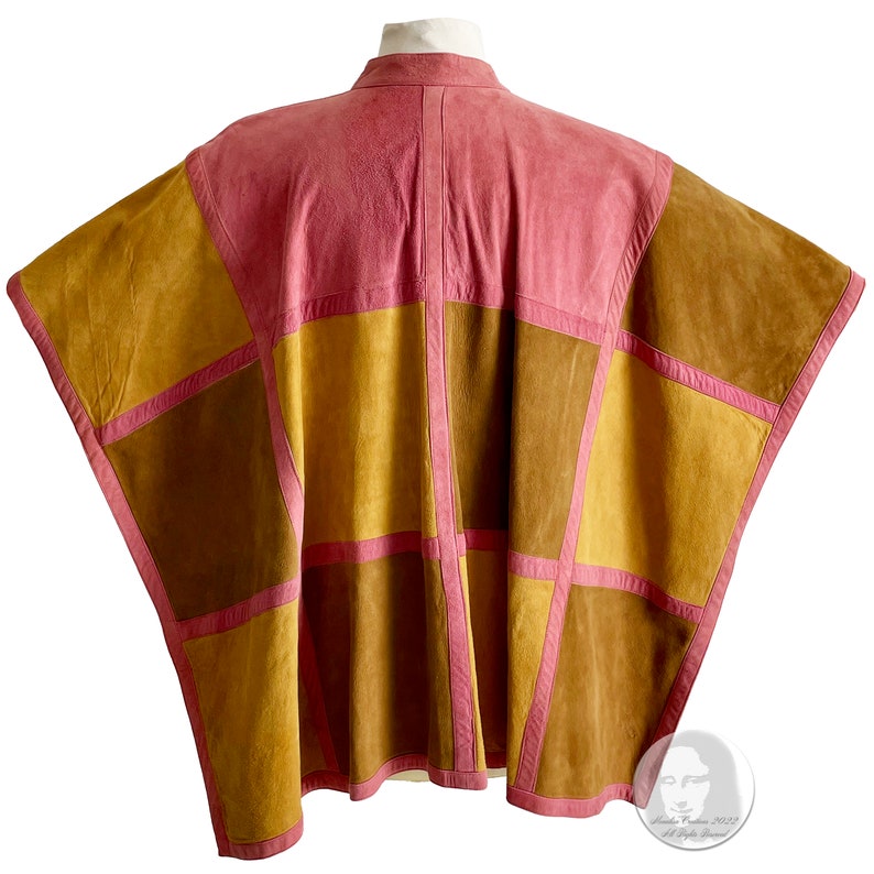 Bonnie Cashin for Sills Poncho Cape Pink Suede Multicolor Patchwork Vintage 1970s Rare S/M afbeelding 8