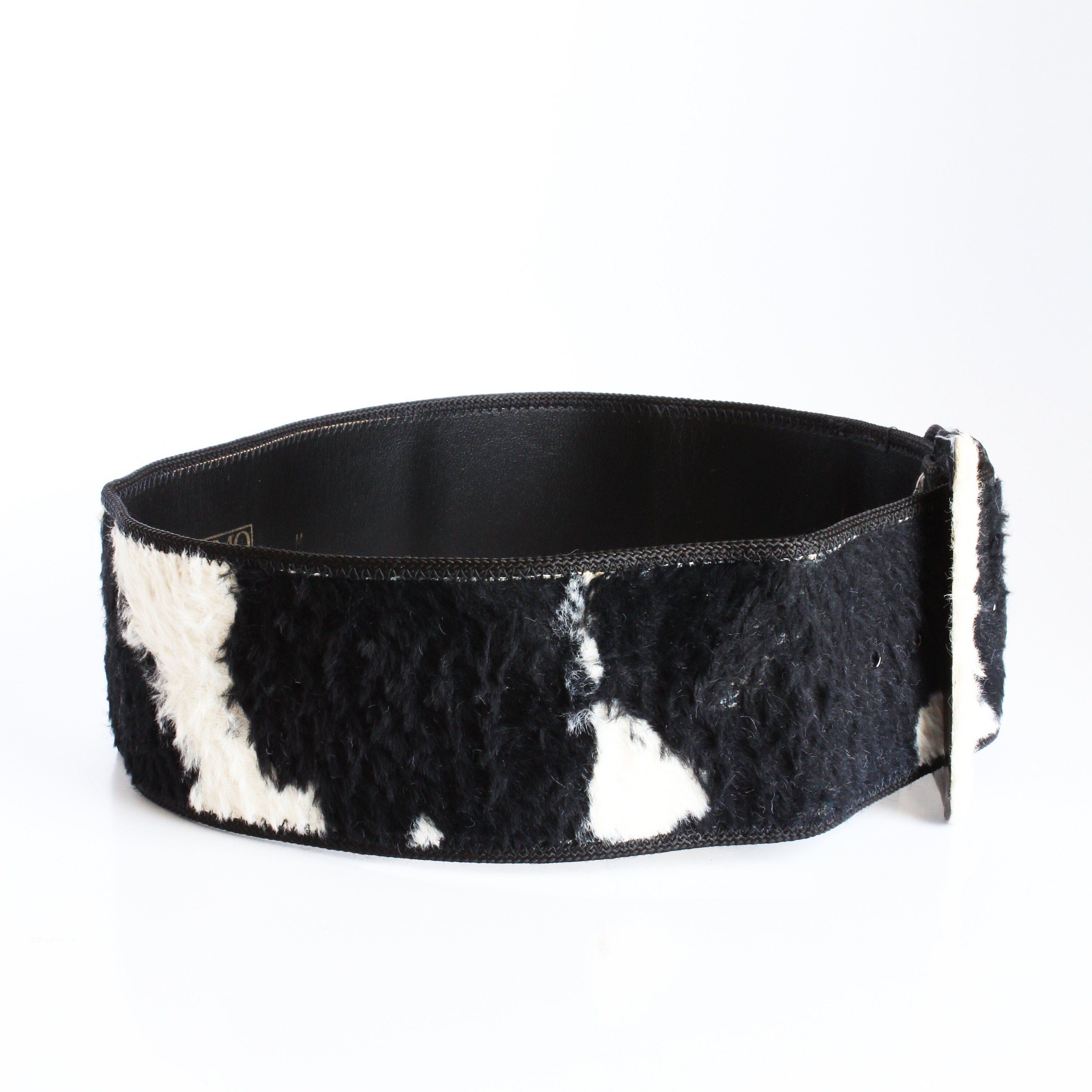 Norma Kamali OMO Wide Belt Cow Print Faux Fur Vintage 90s 