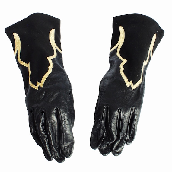 Yves Saint Laurent Gloves Black Leather Gold Trim Moroccan