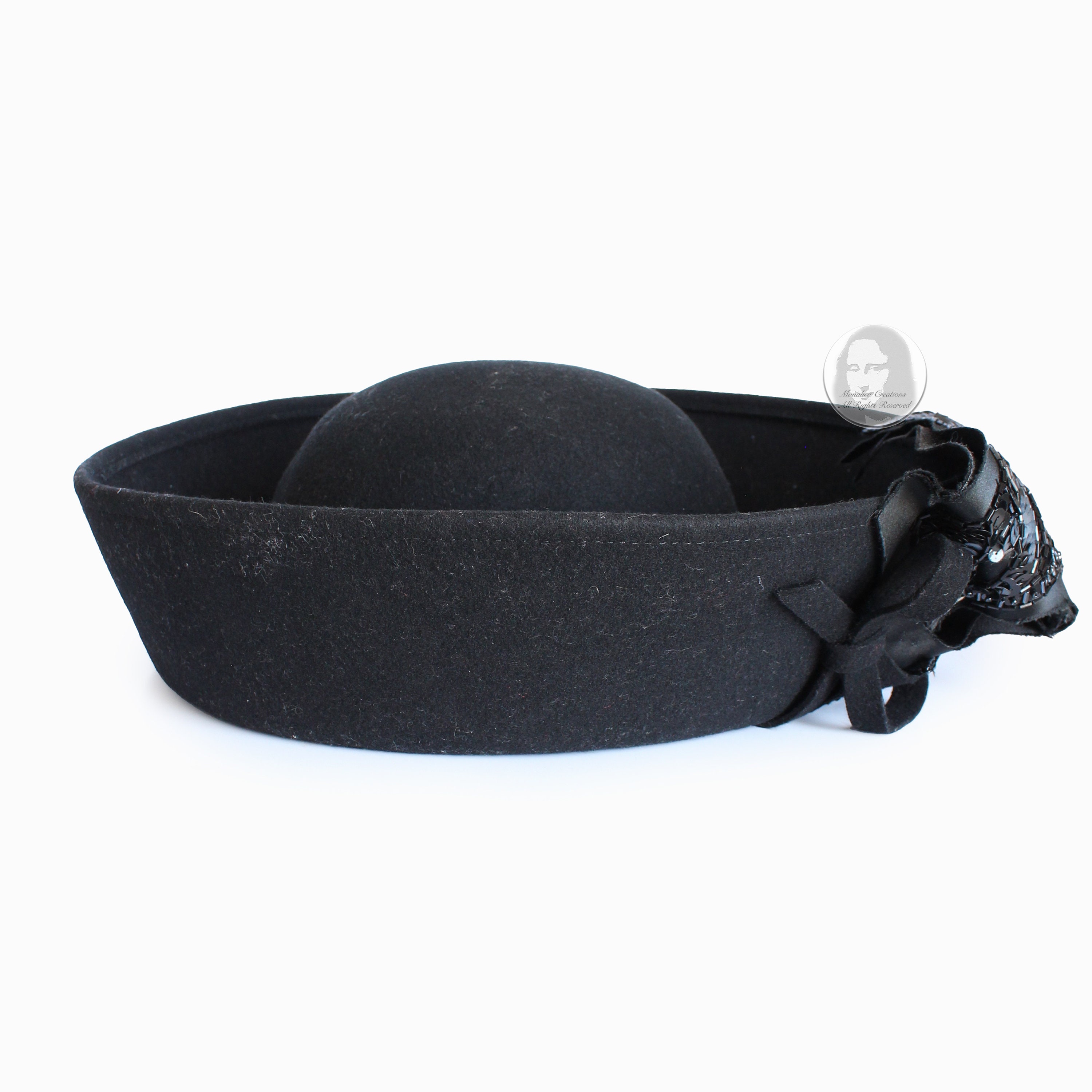 Mr. John Hat Breton Black Wool Felt Embellished Sequins Bow Formal Vintage 60s Mr. John Hat Breton Black Wool Felt Embellished Sequins Bow  main image 3