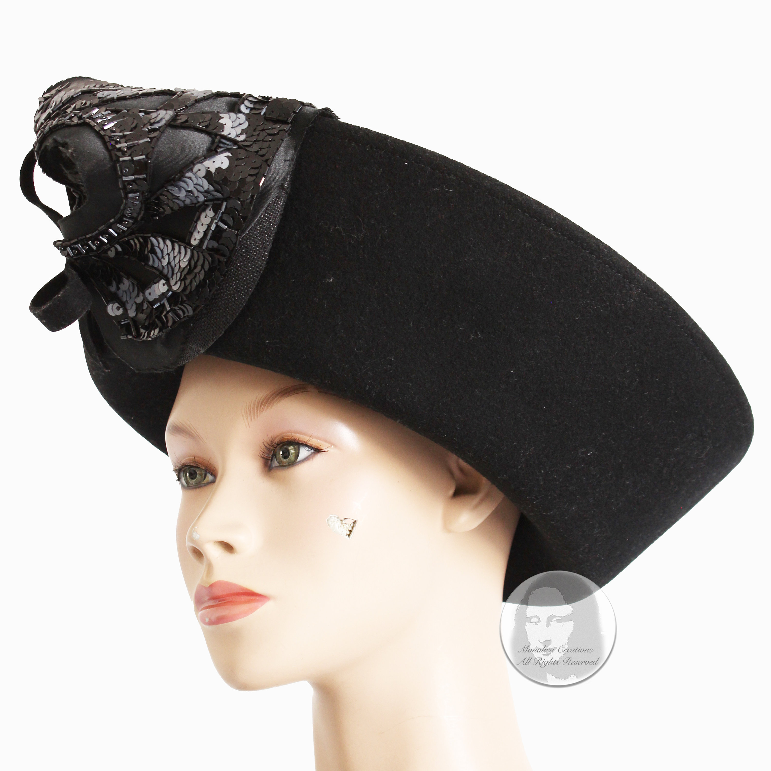 Mr. John Hat Breton Black Wool Felt Embellished Sequins Bow Formal Vintage 60s Mr. John Hat Breton Black Wool Felt Embellished Sequins Bow  main image 2