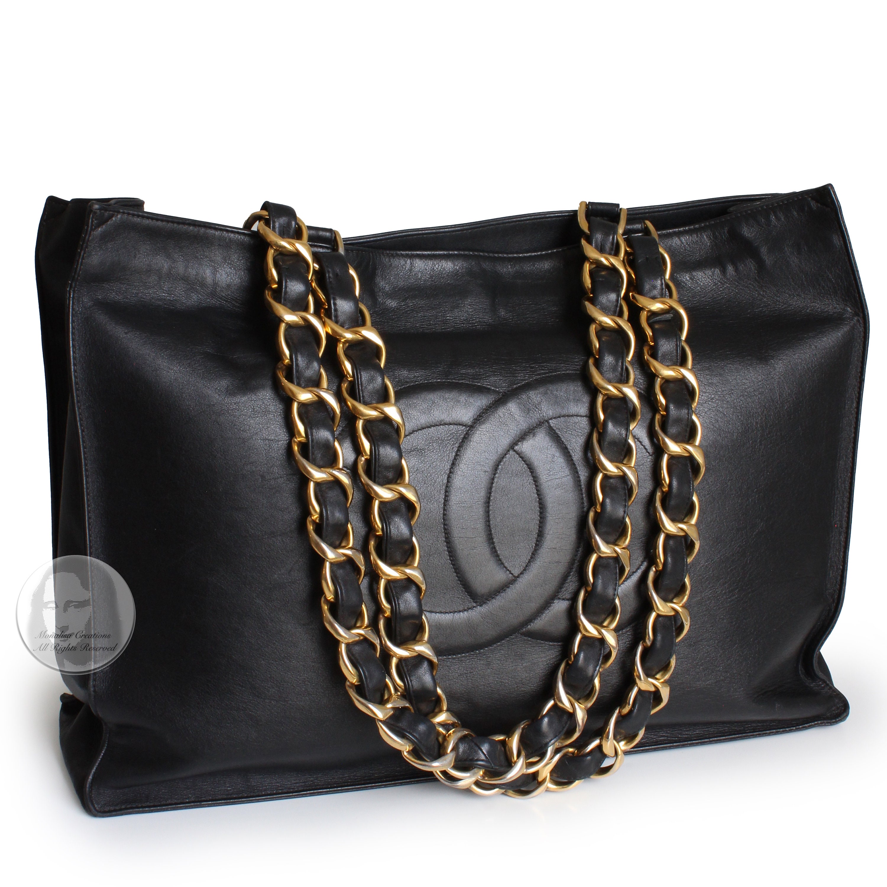 Chanel CC Tote Bag Black Lambskin Gold Chain Vintage 1990s Large