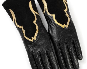 Yves Saint Laurent Gloves Black Leather Gold Trim Moroccan Motif Rare Vintage 90s