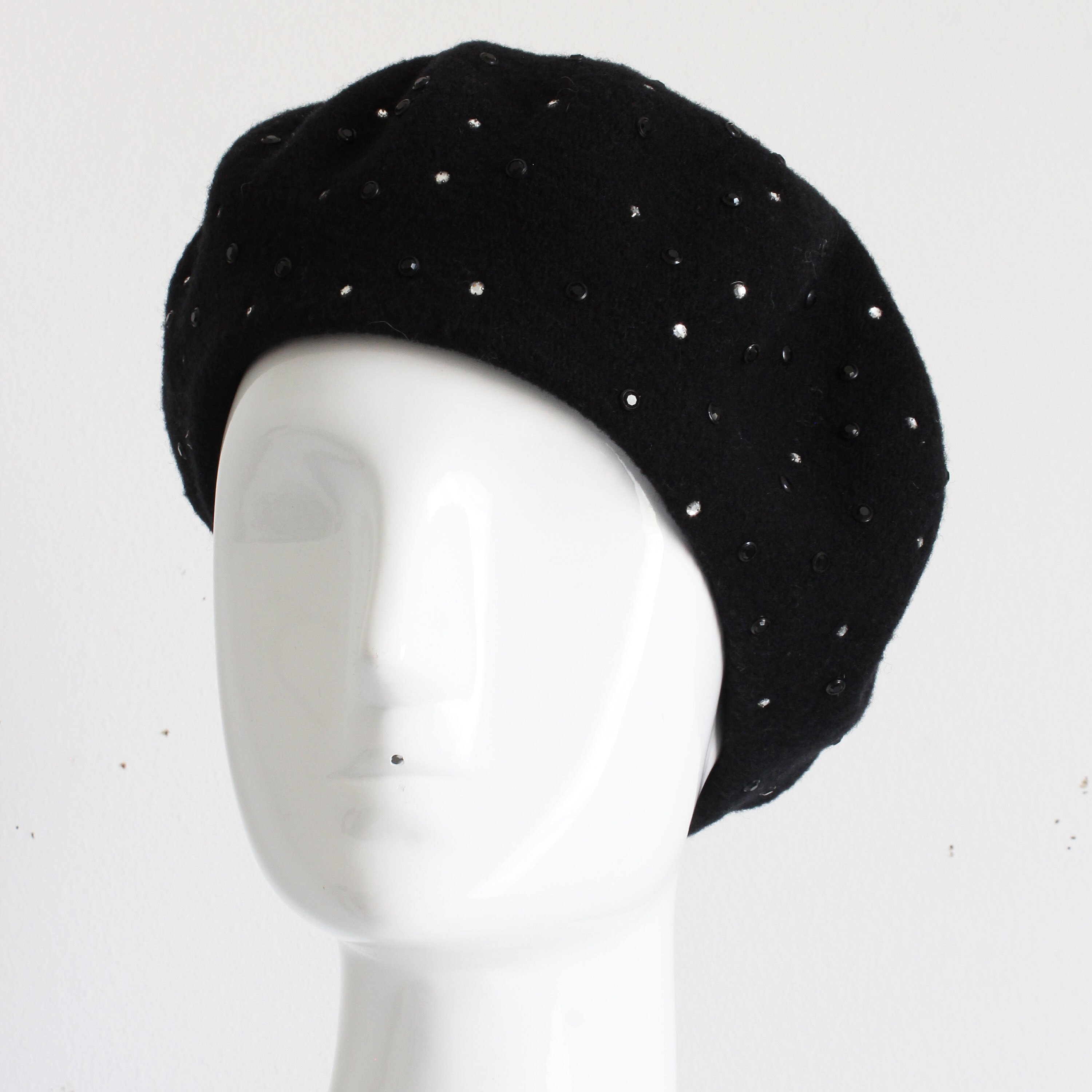 OMO Norma Kamali gray black polka dot sweater knit turban hat Norma Kamali OMO Hat Beret Black Wool Embellished  main image 4