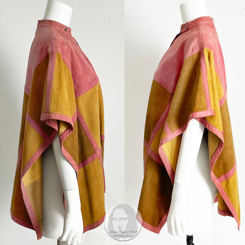 Bonnie Cashin for Sills Poncho Cape Pink Suede Multicolor Patchwork Vintage 1970s Rare S/M image 5