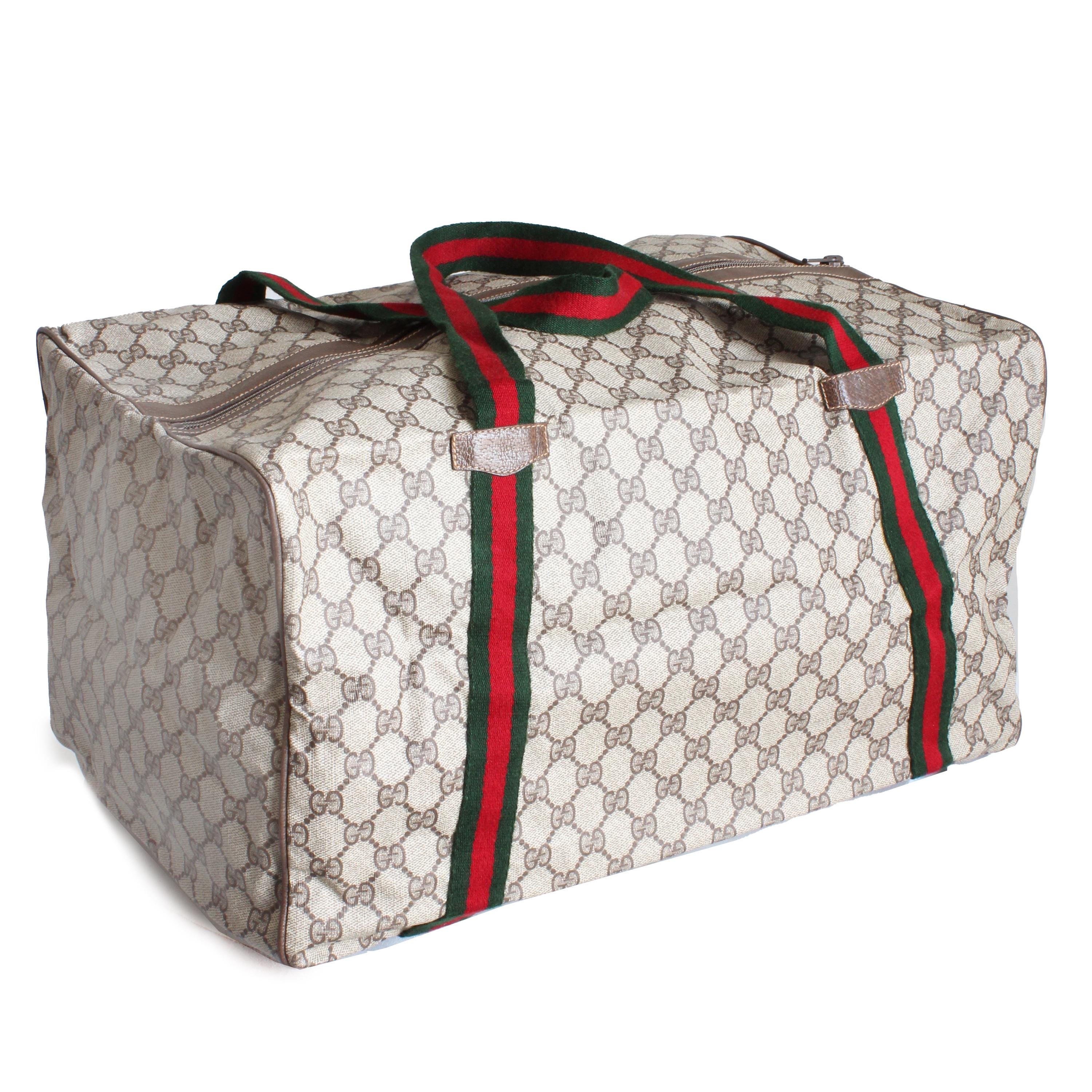Gucci Duffle Bag GG Logo Canvas Brown Leather Trim Folding Gucci Duffle Bag GG Logo Canvas Brown Leather Trim Folding