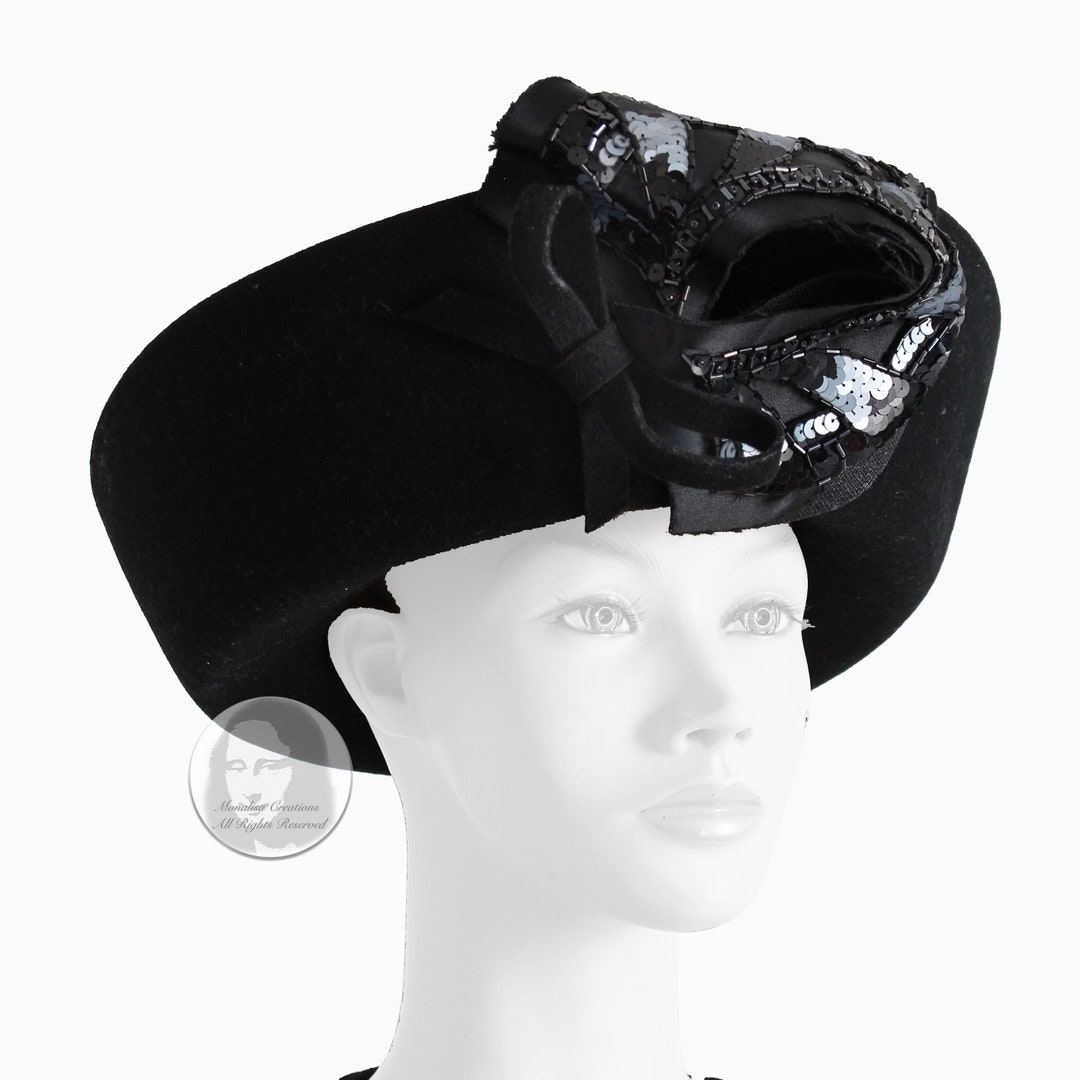 Mr. John Hat Breton Black Wool Felt Embellished Sequins Bow Formal Vintage 60s Mr. John Hat Breton Black Wool Felt Embellished Sequins Bow  main image 4