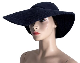 Vintage Norma Kamali Stetson Hat: Navy Terry Cloth Wide Brim  display picture 3