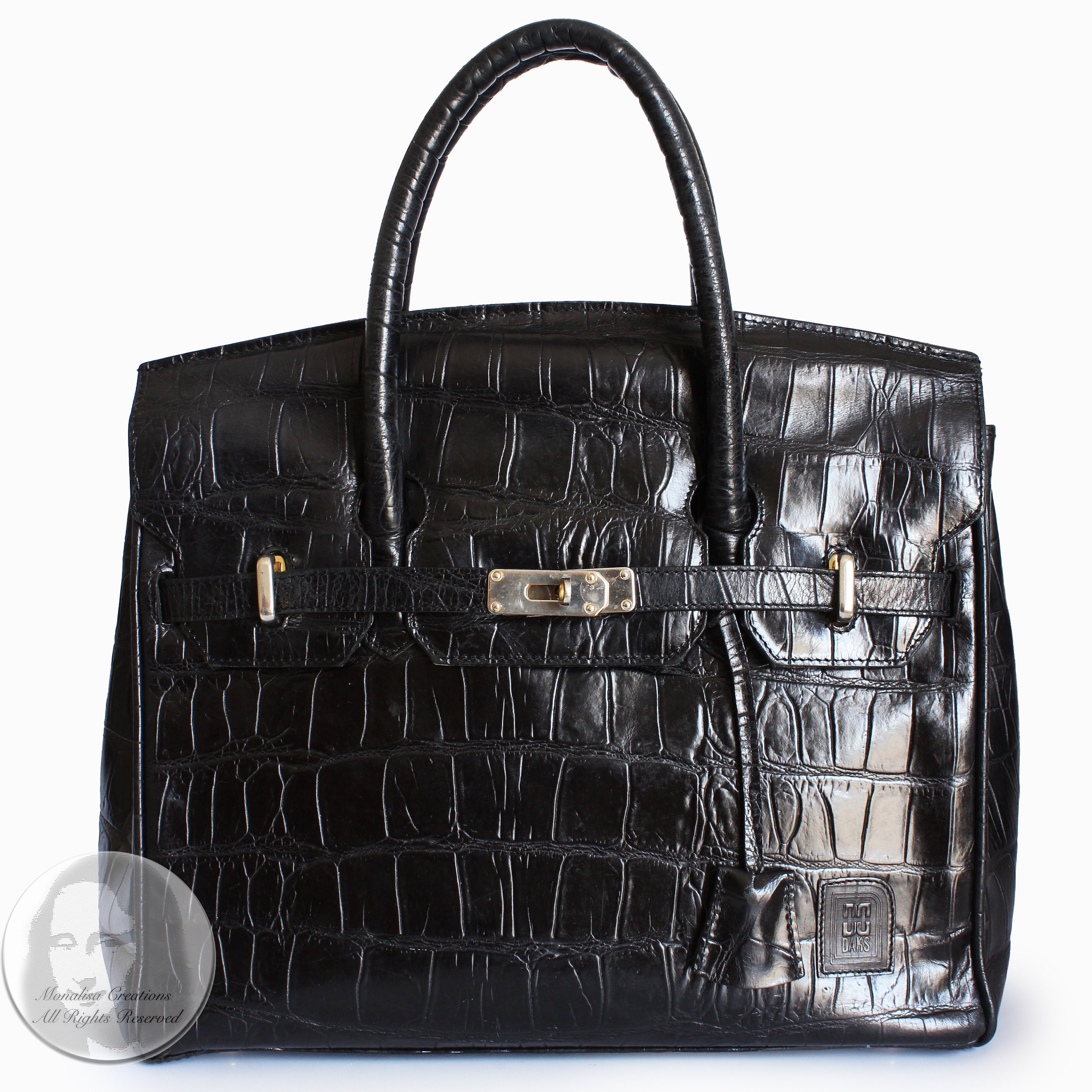 DAKS London Bag Tote Black Leather Croc Embossed Double Handle