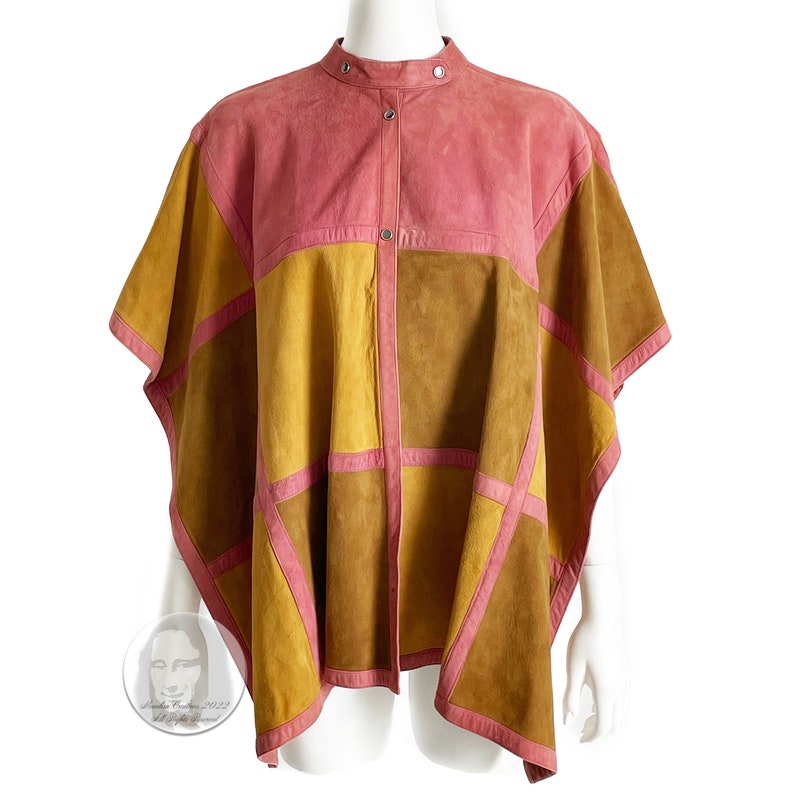 Bonnie Cashin for Sills Poncho Cape Pink Suede Multicolor Patchwork Vintage 1970s Rare S/M image 1