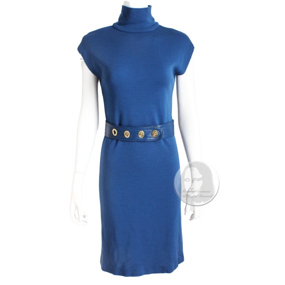 Bonnie Cashin Dress Knit Turtle Neck with Blue Le… - image 1