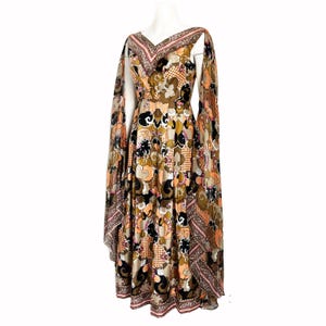 Abstract Print Dress with Long Sheer Angel Sleeves Robert W Gates Burlingame 1970s Vintage