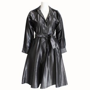 80s Norma Kamali Dress Shimmery Graphite Belted Shirt Dress Flared Vintage Sz 6 HTF