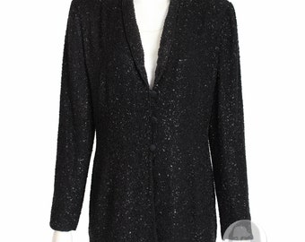 Escada Couture Jacket Beaded Evening Cocktail Black Silk Embellished Vintage 90s