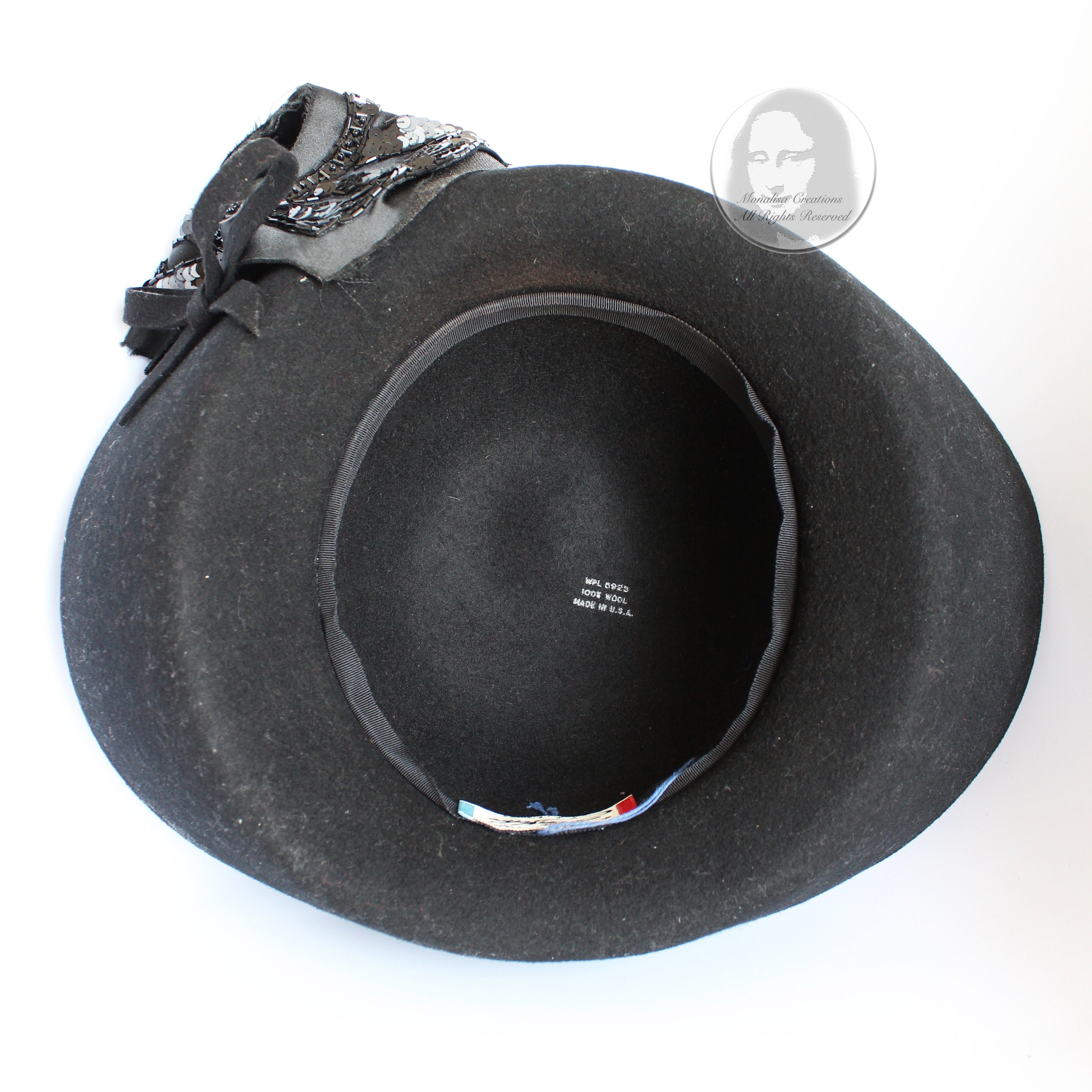 Mr. John Hat Breton Black Wool Felt Embellished Sequins Bow 