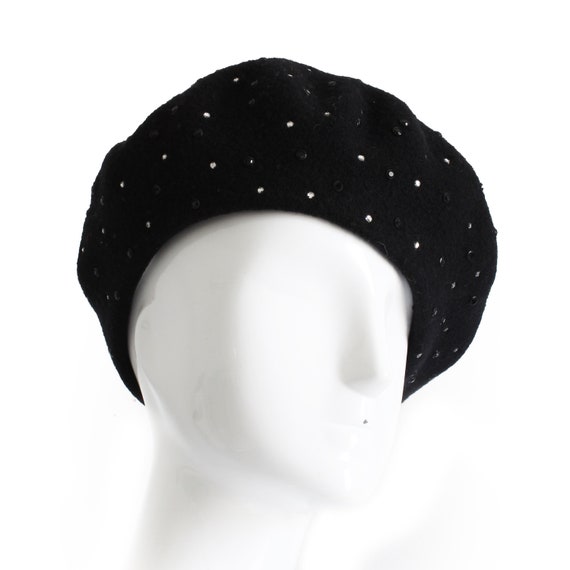 Vintage Black Beret W/ Embelushments Vintage Black Wool Pillbox Hat: Floral Embellished Beret  main image 2