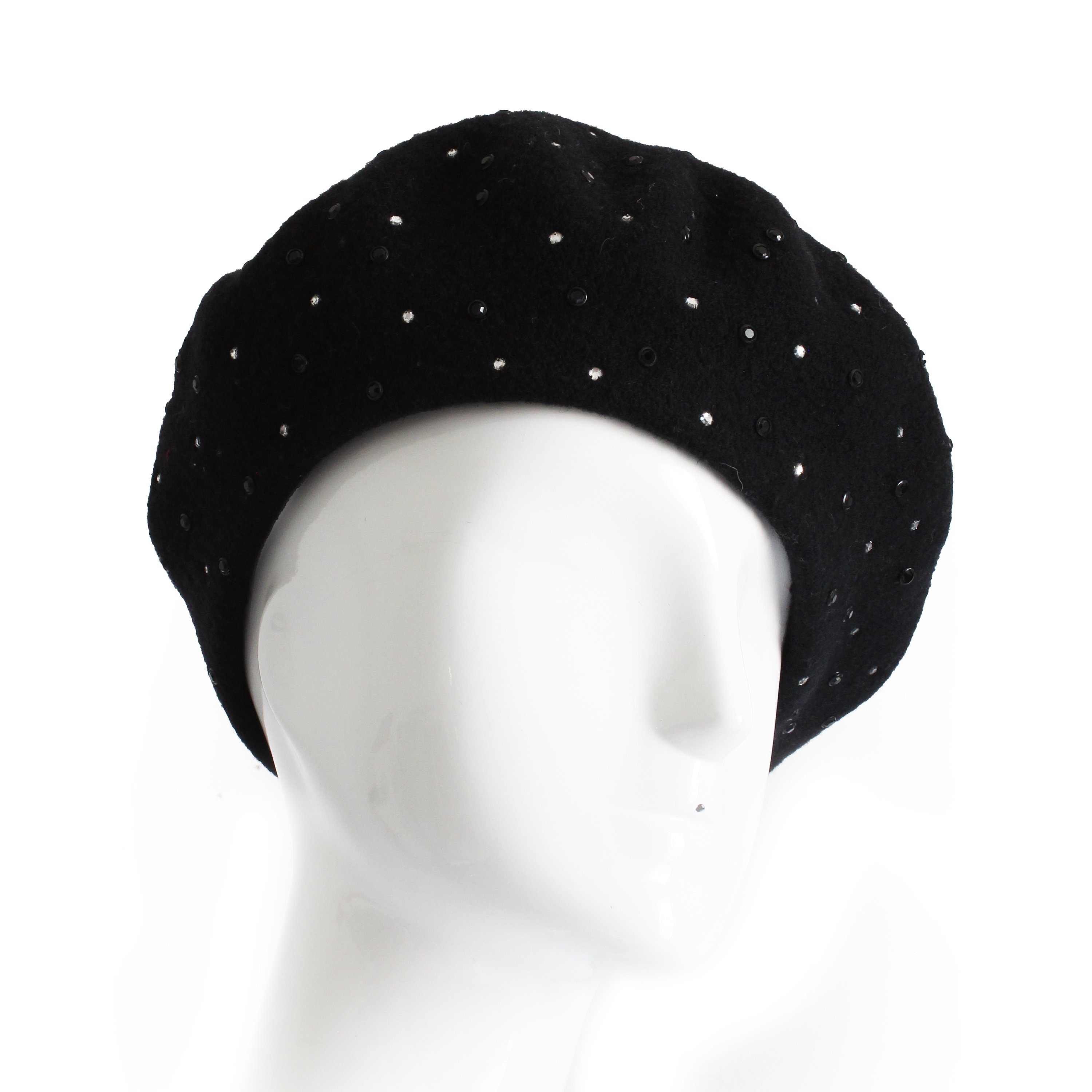 Norma Kamali OMO Hat Beret Black Wool Embellished Rhinestones Rare Retro Vintage 80s