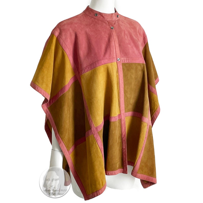 Bonnie Cashin for Sills Poncho Cape Pink Suede Multicolor Patchwork Vintage 1970s Rare S/M image 3