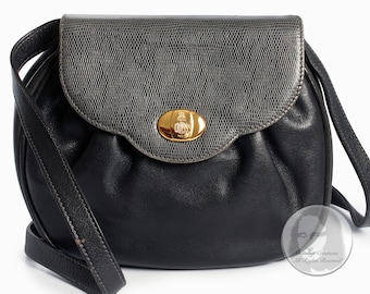 Mark Cross Bag Clutch Crossbody Black Leather Lizard Embossed Flap Italy Vintage