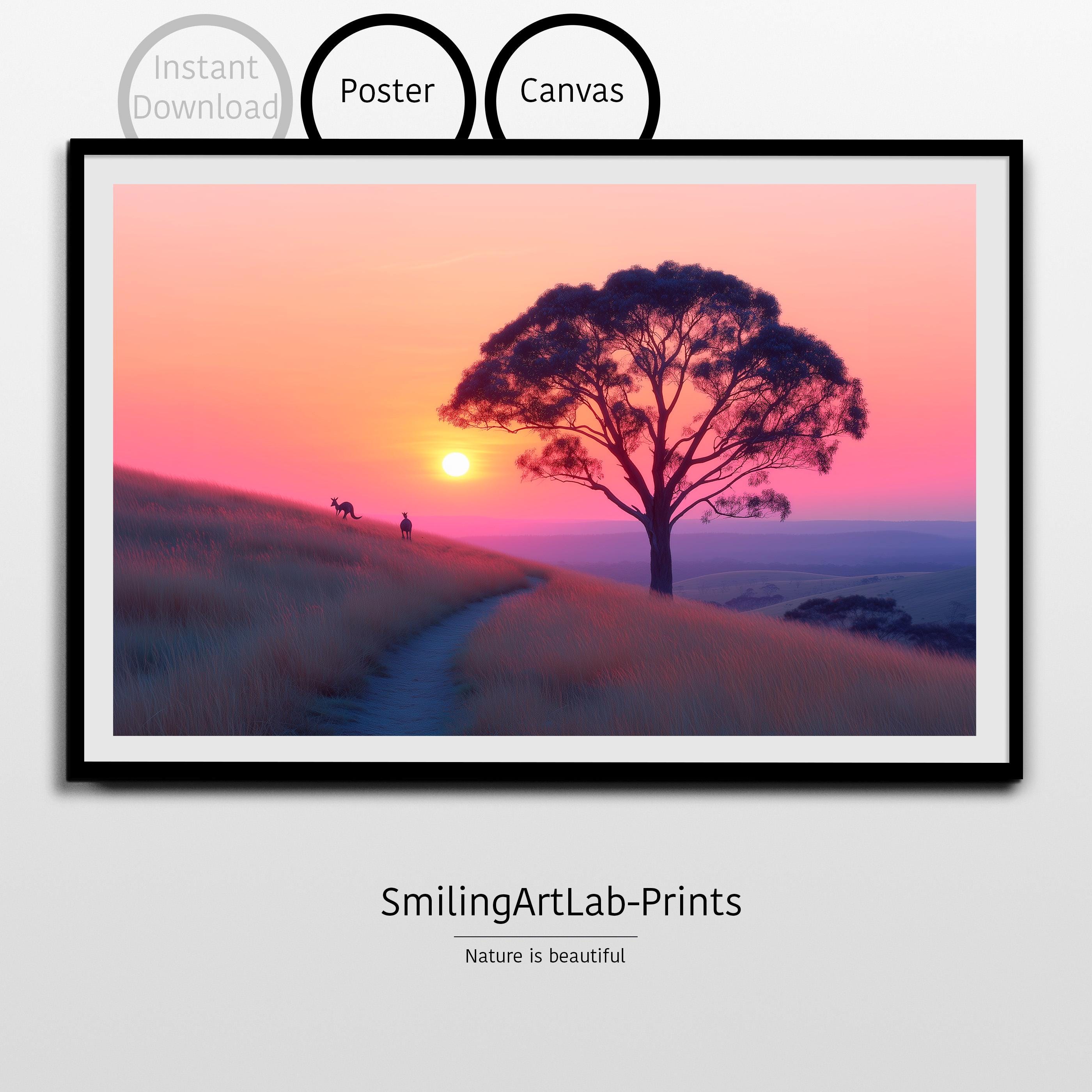 Australian Outback Sunset as Poster or Canvas - Sunset Landscape Art - Australia Nature Painting - Kangaroo Wall Decor - Aussie Wildlife Art
