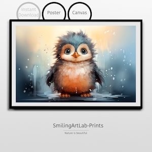 Baby Pinguin Bild im Aquarell Stil: Poster oder Leinwand - Kunst Gemälde für Baby Zimmer - Wand Kunst für Kinderzimmer - Tier Gemälde - Pinguin Baby Gemälde