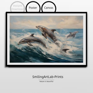 Leaping Dolphins Painting as Canvas or Poster - Ocean Nature Decor - Coastal Wall Art - Ocean Wildlife Decor - Watercolor Nursery Animals