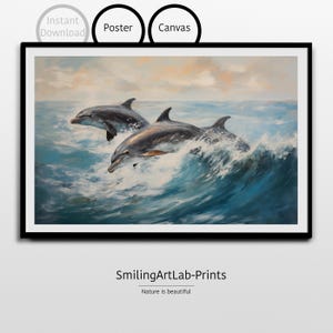 Jumping Dolphins Painting as Canvas or Poster - Ocean Nature Decor - Coastal Wall Art - Ocean Wildlife Decor - Watercolor Nursery Animals