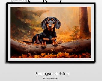 May include: A black and brown dachshund dog is lying on a fallen log in a forest setting. The dog is looking directly at the viewer. The background is a blurred image of trees and leaves. The leaves on the ground are a mix of orange, yellow, and brown.