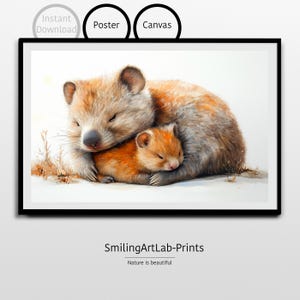 Preciosa pintura de madre y bebé wombat como póster o lienzo - Decoración de guardería - Impresión de bebé wombat - Animal australiano tierno - Decoración de habitación infantil