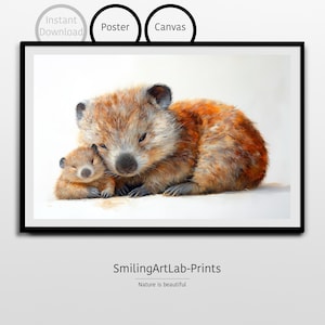Bonita pintura de madre y bebé wombat como póster o lienzo - Decoración de guardería - Regalo de baby shower - Animal australiano - Decoración de habitación infantil