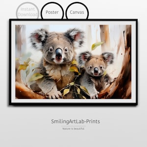 Koala Bild Aquarell als Poster oder Leinwand - Mutter & Baby Koala Kunst - Australisches Wildtier Dekor - Tolles Geschenk zur Geburt