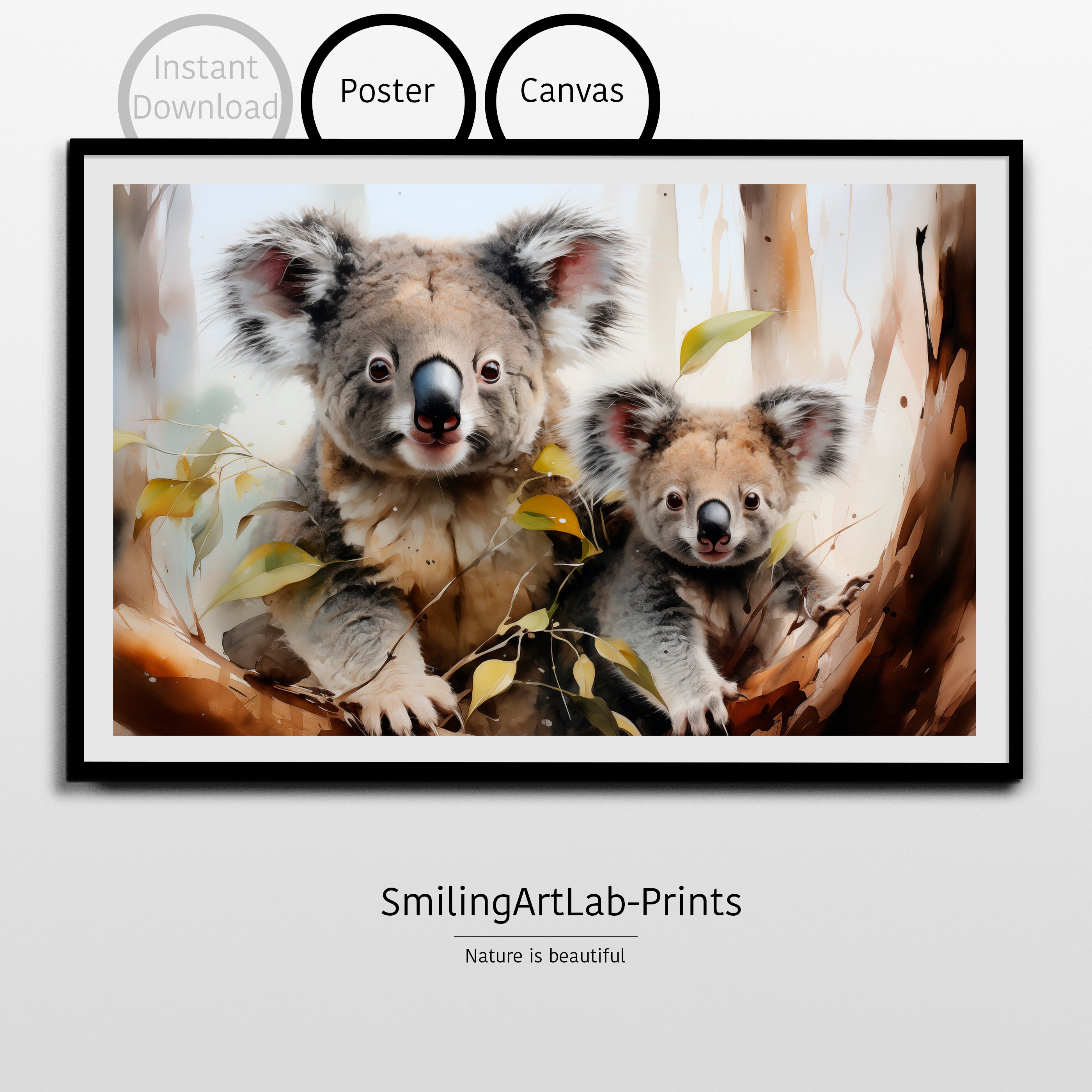 Koala Image Watercolor as Poster or Canvas Mother & Baby Koala Art ...