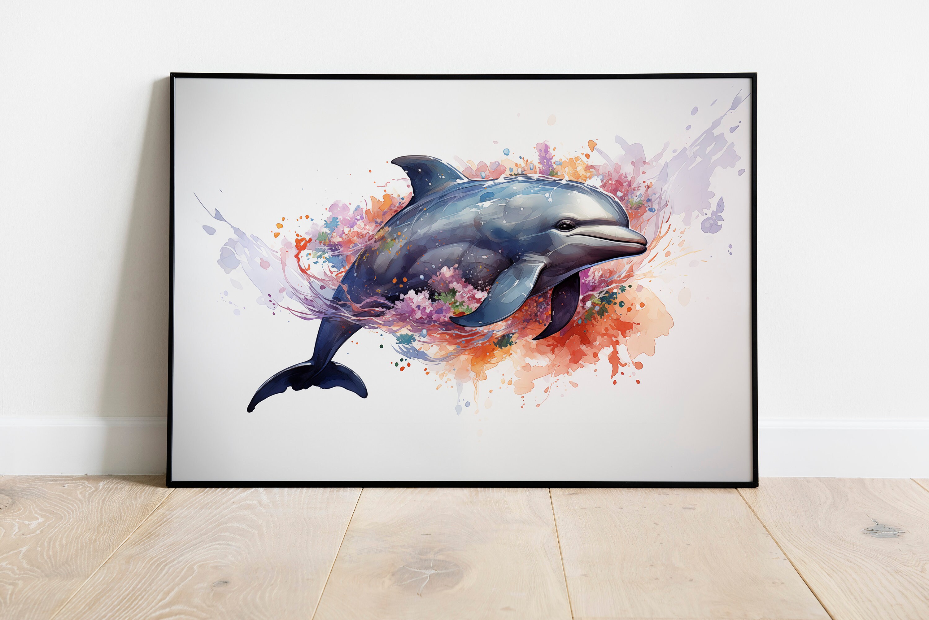 Delfin Aquarell Druck DIN A4 – Nachthimmel Mit Sternen, Schwarzes Kunstposter, Ungerahmt, Perfekt Als Wanddekoration Oder Geschenk