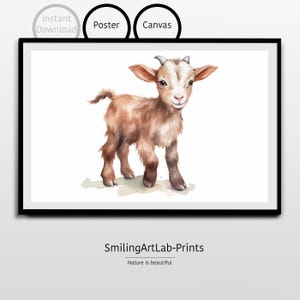 Pintura de cabrito como pôster ou tela - Decoração de animais fofos - Imagem de cabrito - Animal de berçário em aquarela - Decoração de quarto infantil - Decoração de casa de fazenda