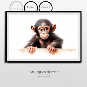 Cute Chimpanzee Baby Painting as Poster or Canvas - Kids Room Decor - Animal Nursery Decor - Monkey Baby Image - Chimp Baby Picture