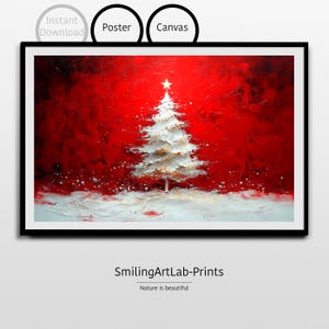 Árvore de Natal vermelha e branca no estilo impasto: pôster ou tela - Árvore de Natal abstrata - Decoração elegante - Pintura do país das maravilhas do inverno