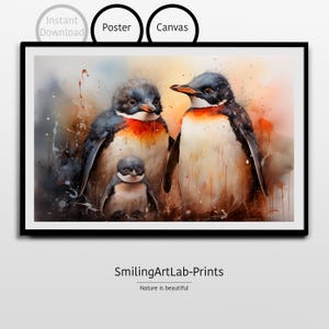 Penguin Family Image in Watercolor Style: Poster or Canvas -  Kids Room Art - Nursery Decor - Animal Painting - Penguin Family Picture