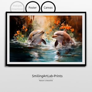 Playful Dolphin Image as Poster or Canvas - Marine Life Painting -  Watercolor Nursery Print - Perfect Oceanic Art Gift for Dolphin Lovers