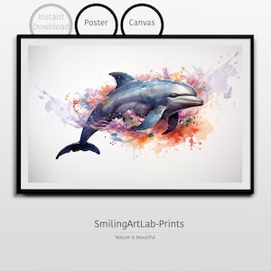 Dolphin Image in Watercolor Style as Poster or Canvas - Watercolor Animal Ocean Scene - Home Decor - Nursery Animals - Kids Rooms Decor