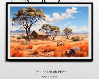 Australian Outback Painting as Poster or Canvas - Landscape Image in Oil Painting Style - Hut under Eucalyptus Trees - Australian Gum Trees