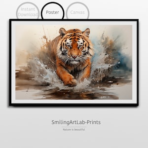 Tiger Bild im Aquarell Stil als Poster - Spritzender Tiger - Tierbild - Wohndeko - Kinderzimmer Dekor - Tiger Malerei