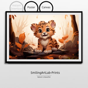 Tiger Baby Bild im Cartoon Stil als Poster oder Leinwand - Tiger Baby Malerei - Wohndeko - Kinderzimmer Dekor - Tiger Malerei - Kinderzimmer Tier