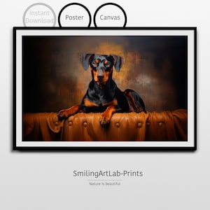Doberman on Leather Couch Painting as Poster or Canvas - Beautiful Pet Portrait - Stunning Black Doberman Image - Doberman Lovers