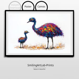 Emu Mutter und Baby Gemälde: Poster oder Leinwand - Kinderzimmer Dekoration - Baby Tiere - Babyparty Geschenk - Australisches Tier - Kinderzimmer Dekor