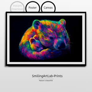 Neon Bild von Mutter und Baby Wombat: Poster oder Leinwand - Kunst für Kinderzimmer - Verrückte Farbe - Verrückte Farben
