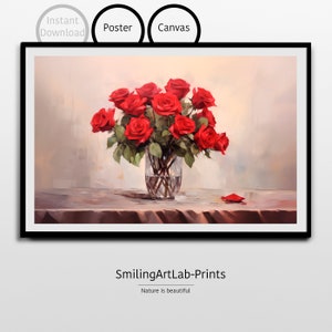Hermoso ramo de rosas rojas como póster o lienzo - Elegantes rosas rojas en jarrón - Impresionante arte floral - Decoración romántica de la pared - Hermosas flores