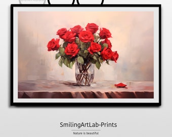 Beautiful Red Rose Bouquet as Poster or Canvas - Elegant Red Roses in Vase - Stunning Floral Art - Romantic Wall Decor - Beautiful Flowers